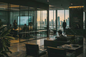 Modern corporate office overlooking a waterfront city skyline, with a team meeting in a glass-walled boardroom, a professional working in the lounge, and a marble reception desk, representing ICI’s specialty insurance expertise