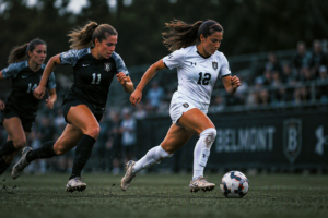 Women’s soccer player in a white jersey dribbling the ball down the field as two opponents in black give chase in front of a crowd, representing sports liability insurance.