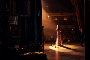 Backstage view of a performer in a sequined gown standing in a spotlight beside a stool, facing a packed theatre audience, with stage equipment and a monitor in the wings, representing entertainment liability insurance.