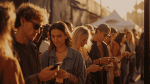 Large crowd of consumers redeeming offers on mobile phones at an outdoor event representing the risks managed by over redemption insurance.