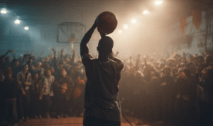 Basketball player shooting in front of a live crowd representing skill based games insurance for sports promotions and events.