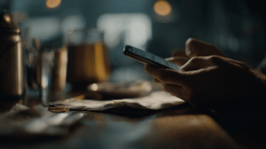 Consumer checking a rebate offer on a mobile phone representing conditional rebate insurance for promotional marketing campaigns.