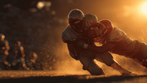 Football players in a tackle on the field representing the physical risks covered by sport liability insurance.
